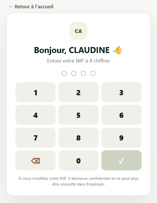 Écran de saisie du NIP d’une employée pour accéder au système de punch