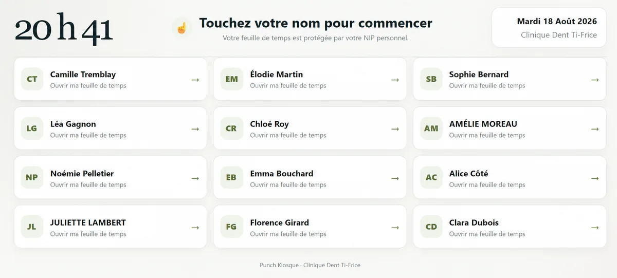 Kiosque tactile de connexion et de punch affichant des employés fictifs