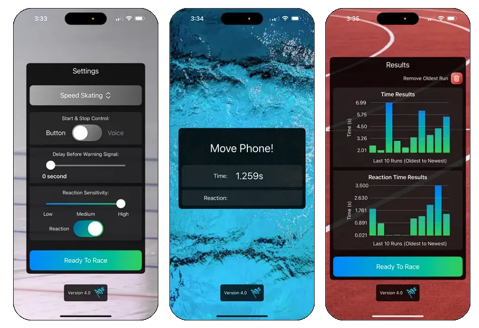 Application mobile de chronométrage sportif affichée sur trois téléphones